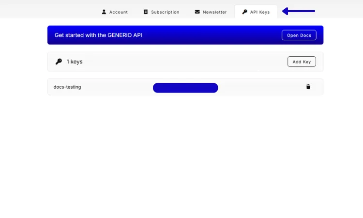 Step 2 - API Keys tab: Add Key and New API Key dialog