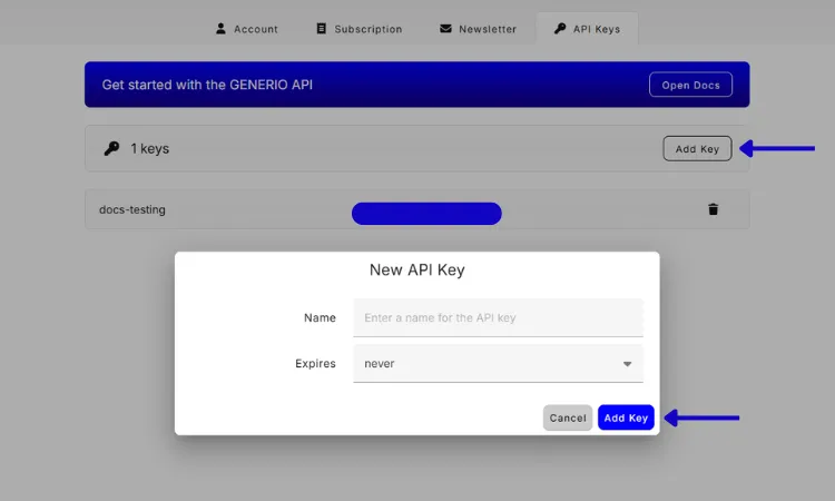 Step 3 - Add key: name, expiry, and copy the secret